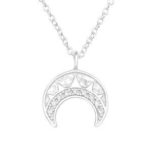 Sterling Silver Crescent Moon Necklace with Crystal Stones
